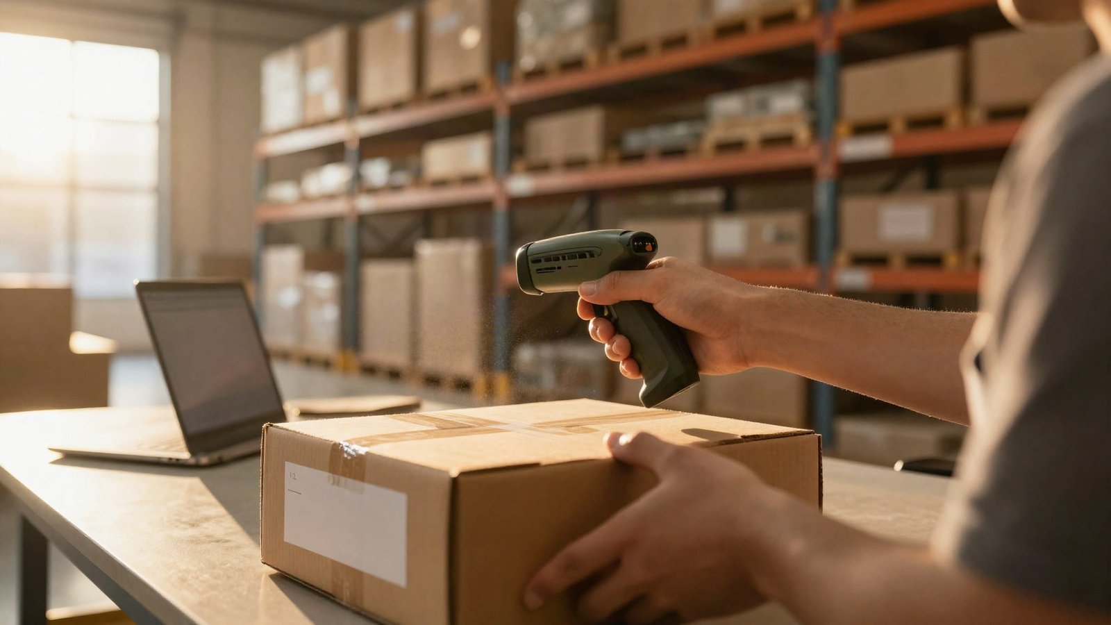 Manos de un operario leyendo con un lector de código de barras la etiqueta de una caja sobre la mesa de despacho de un depósito, con estanterías y una notebook desenfocadas al fondo