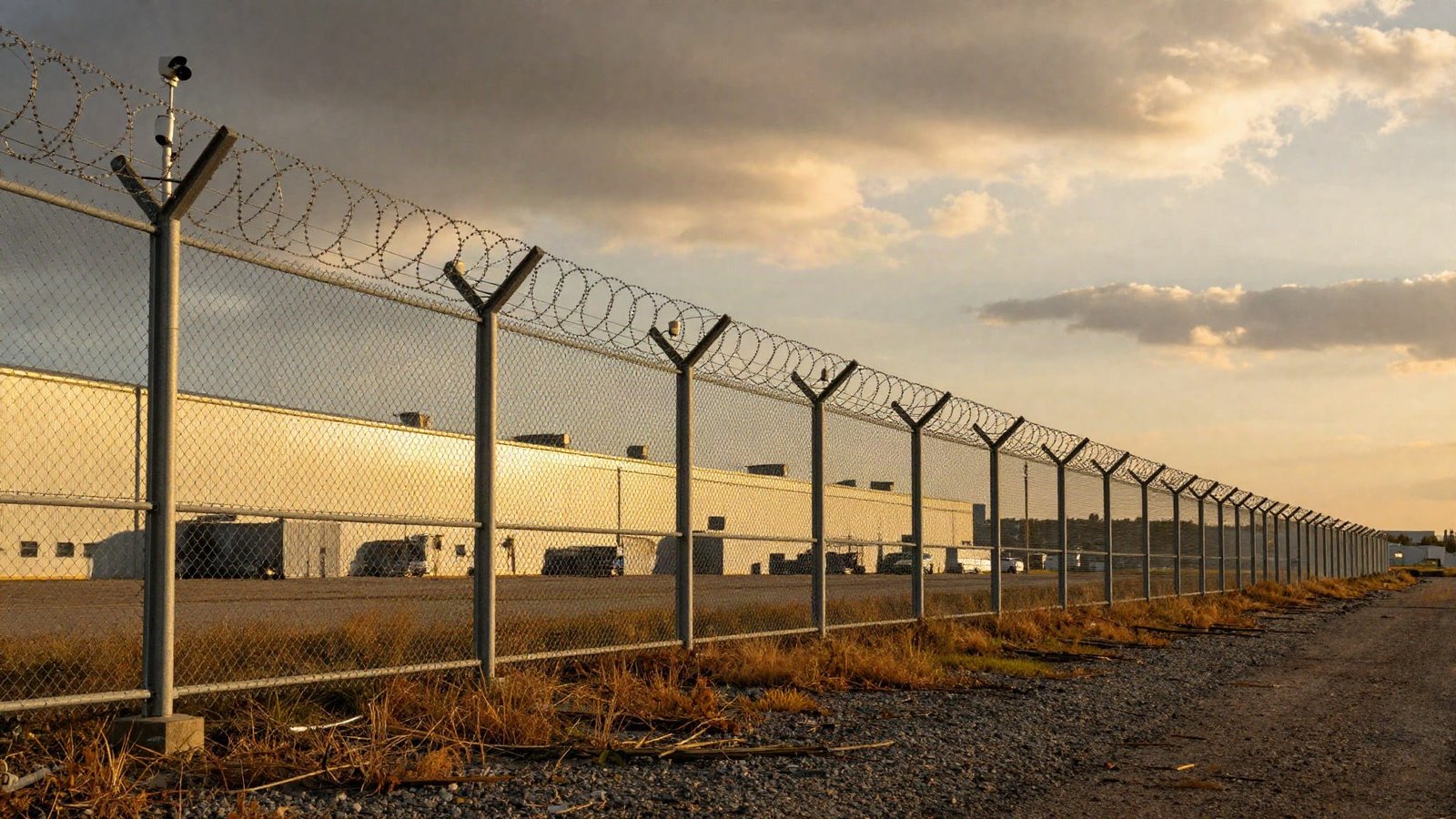 Alambrado perimetral de un parque industrial con concertina y cámaras de vigilancia sobre los postes, extendiéndose hacia el horizonte a la luz del atardecer, con una nave logística al fondo