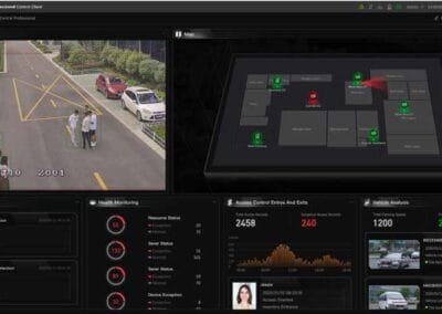 Plataforma HikCentral Professional: video con IA, mapa del predio, control de accesos, alarmas y analítica de vehículos (ANPR).