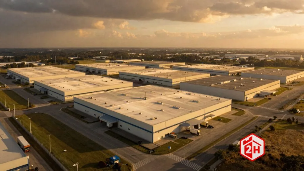 Vista aérea de un parque industrial: varias naves alineadas en una grilla planificada, calles internas anchas y el cerco perimetral.